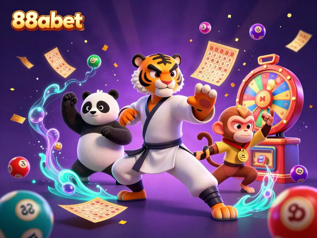 Join the excitement with 88abet while a kung fu tiger and panda disciple display their skills amidst colorful lottery games.