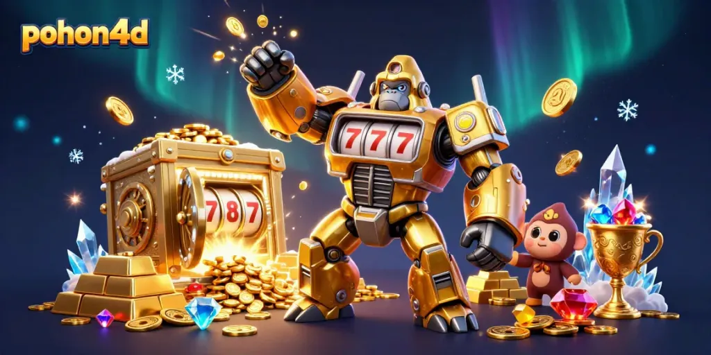 Experience thrilling gameplay at pohon4d with the exhilarating golden gorilla mech amidst a treasure-filled casino scene.