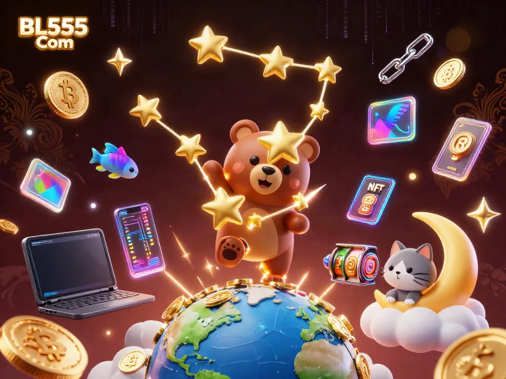 Experience the thrilling gaming at BL555 Com with an illustration of vibrant characters, crypto coins, and dynamic game elements.