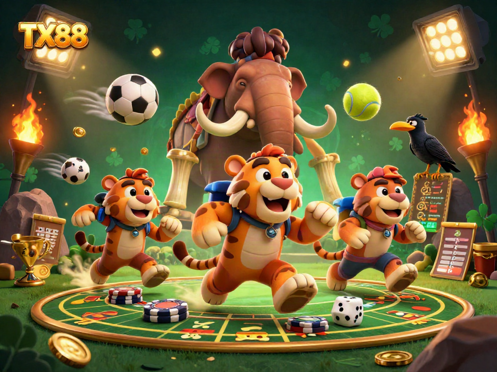TX88 features dynamic gameplay with caveman and tiger duo in a lively casino scene.