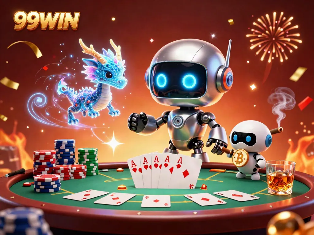 Experience the vibrant energy of 99WIN with a cyberpunk robot, AI dragon, and bitcoin drone in action.