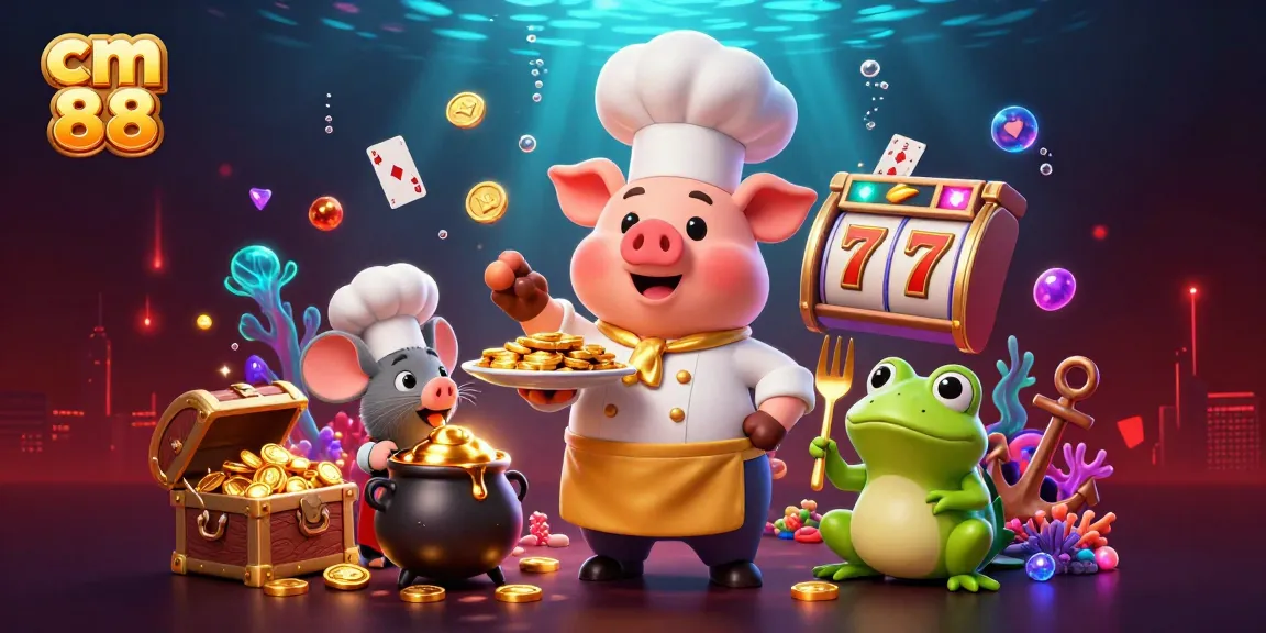 Experience thrilling gameplay at cm 88 with a festive scene of chefs, gold coins, and casino elements.