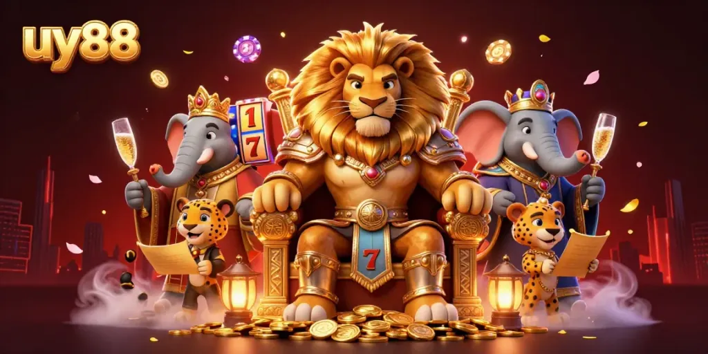 Experience the excitement of uy88 with a vibrant casino scene featuring a royal lion king on his golden throne.