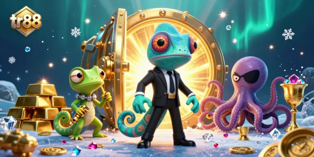 Engage with tr88 in this dynamic casino scene featuring secret agent characters surrounded by treasure and gambling symbols.
