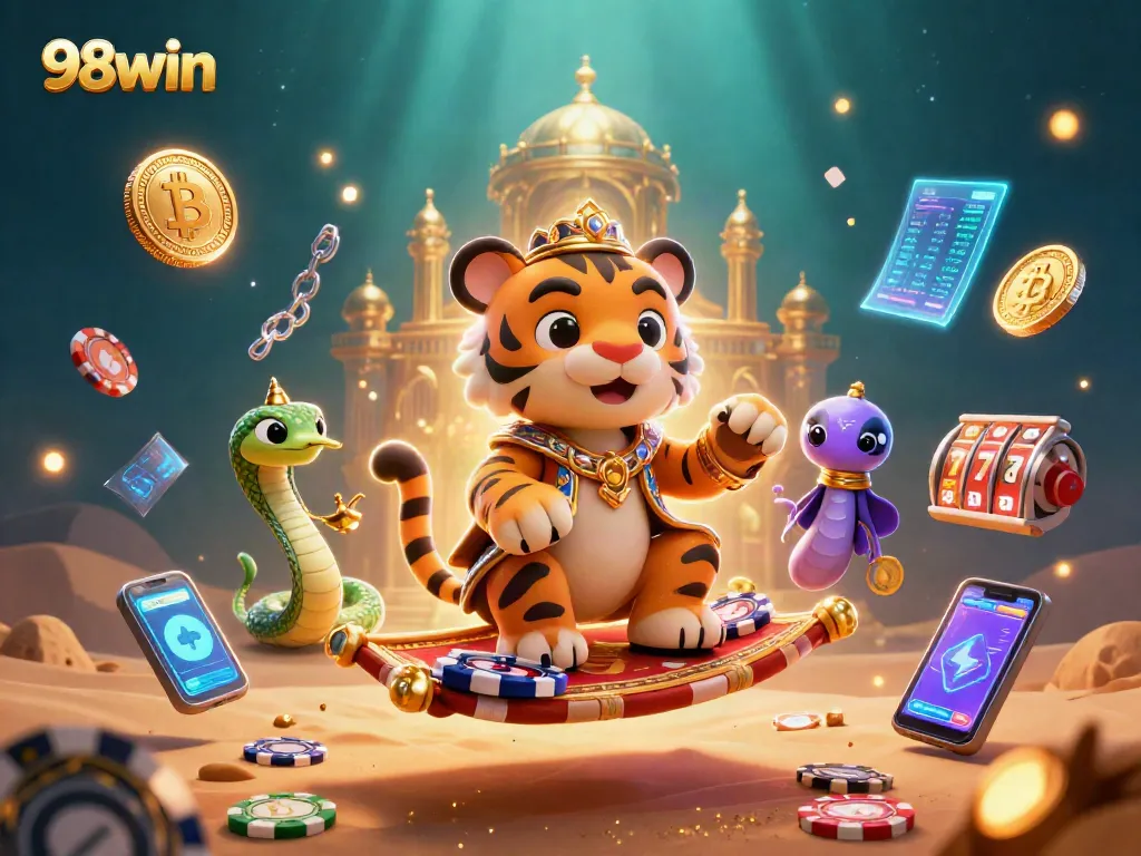Join the excitement at 98win, featuring a vibrant, colorful casino scene packed with action.