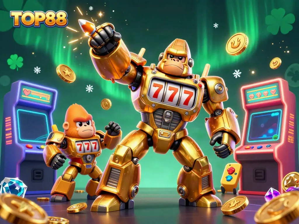 Experience the thrilling game action of TOP88 with a dynamic golden gorilla mech surrounded by vibrant arcade elements.