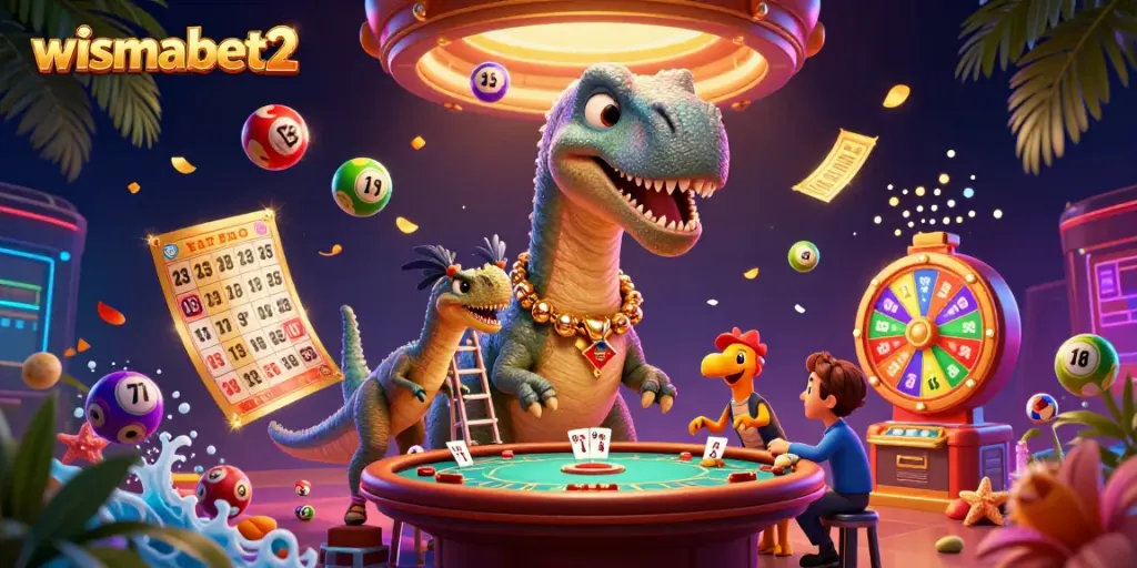 Wismabet2 menghadirkan suasana kasino dengan brontosaurus dan raptor yang menghibur pemain.