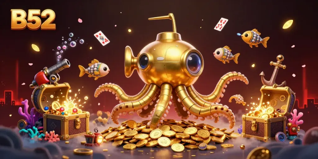 Experience the excitement of B52 with a golden kraken submarine amidst treasure in this vibrant digital illustration.