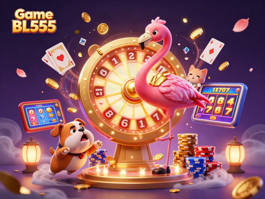 Experience Game BL555 with a vibrant digital casino scene featuring spinning prize wheels and excited players.