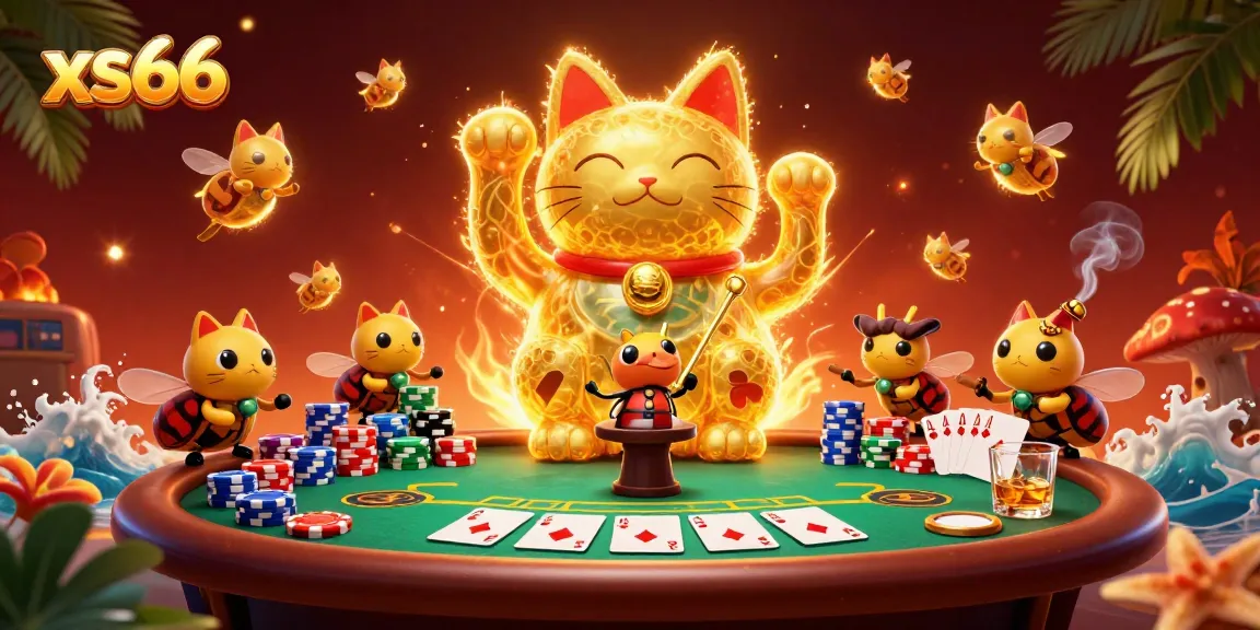 Experience the excitement of xs66 with a dynamic illustration of a lucky cat and casino elements.