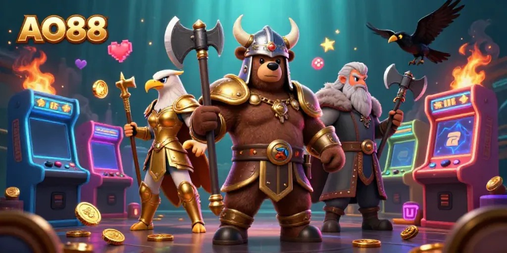 Engage with AO88 in a vibrant 3D casino scene featuring iconic gaming elements and characters.
