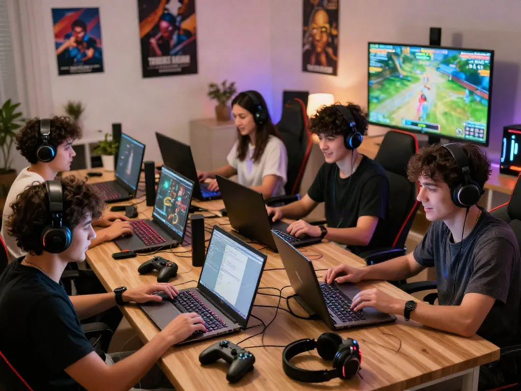 Gamers enjoying warung168 digital games, engaging in multiplayer sessions in vibrant online community.