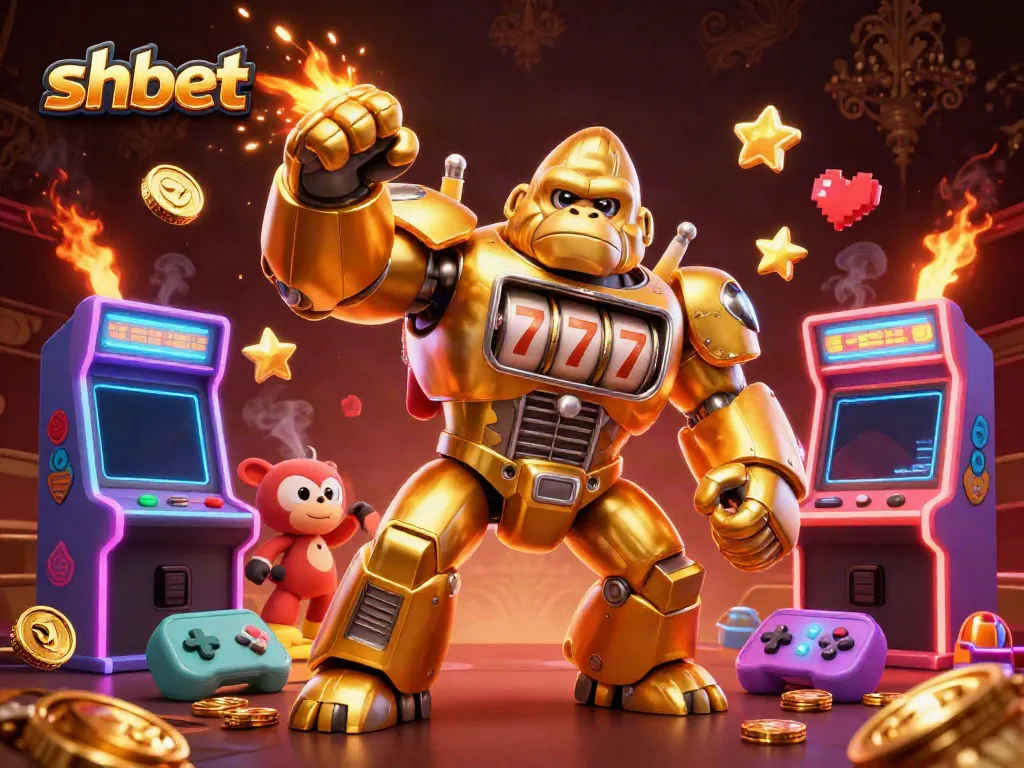 Celebrate wins with shbet in an electrifying 3D casino environment, featuring a mech gorilla and arcade games.