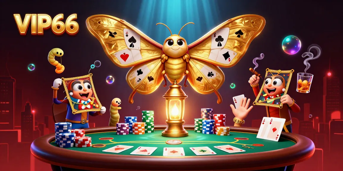 Win big at VIP66 with a vibrant casino scene featuring animated moths and poker tables.