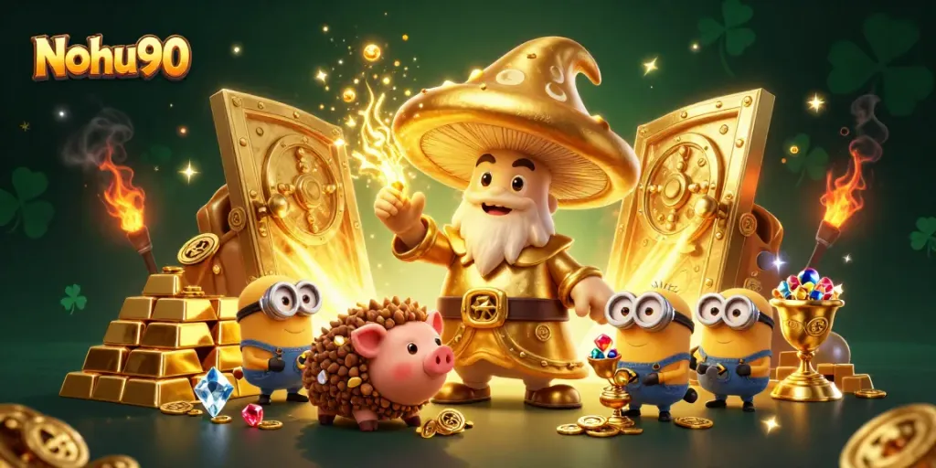 Nohu90 captures winning moments in 3D with golden treasures and vibrant casino elements.