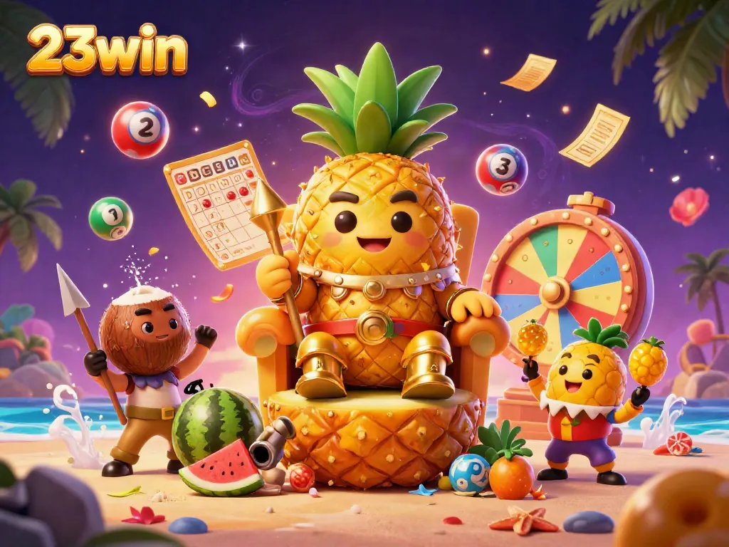 Experience thrilling gameplay with 23win's vibrant characters and casino elements in a dynamic 3D illustration.