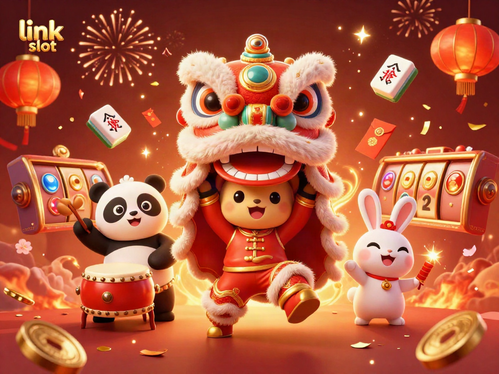 Experience the thrill of link slot games with a vibrant Chinese New Year themed casino scene.