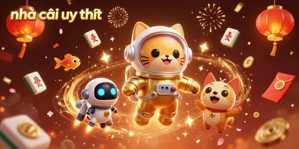 This 3D illustration captures the vibrant world of nhà cái uy tín, featuring a floating astronaut cat and dynamic casino elements.