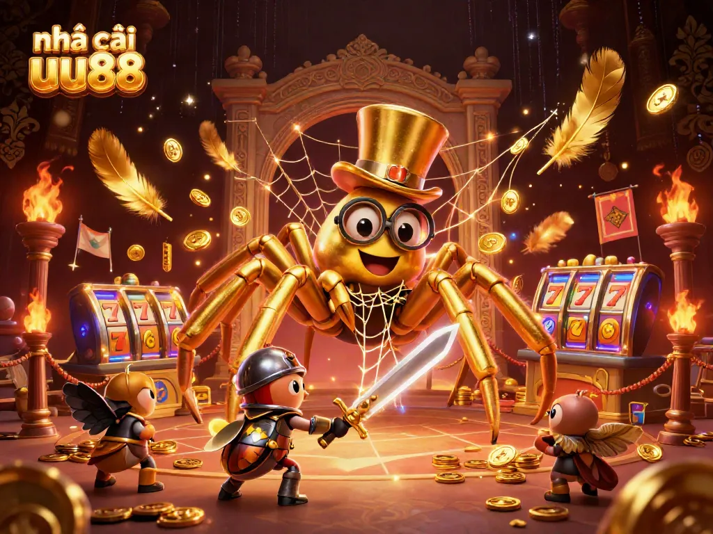 Engage with nhà cái uu88 at a lively casino scene featuring adventurous characters and exciting gambling elements.