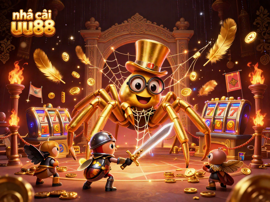 Engage with nhà cái uu88 at a lively casino scene featuring adventurous characters and exciting gambling elements.