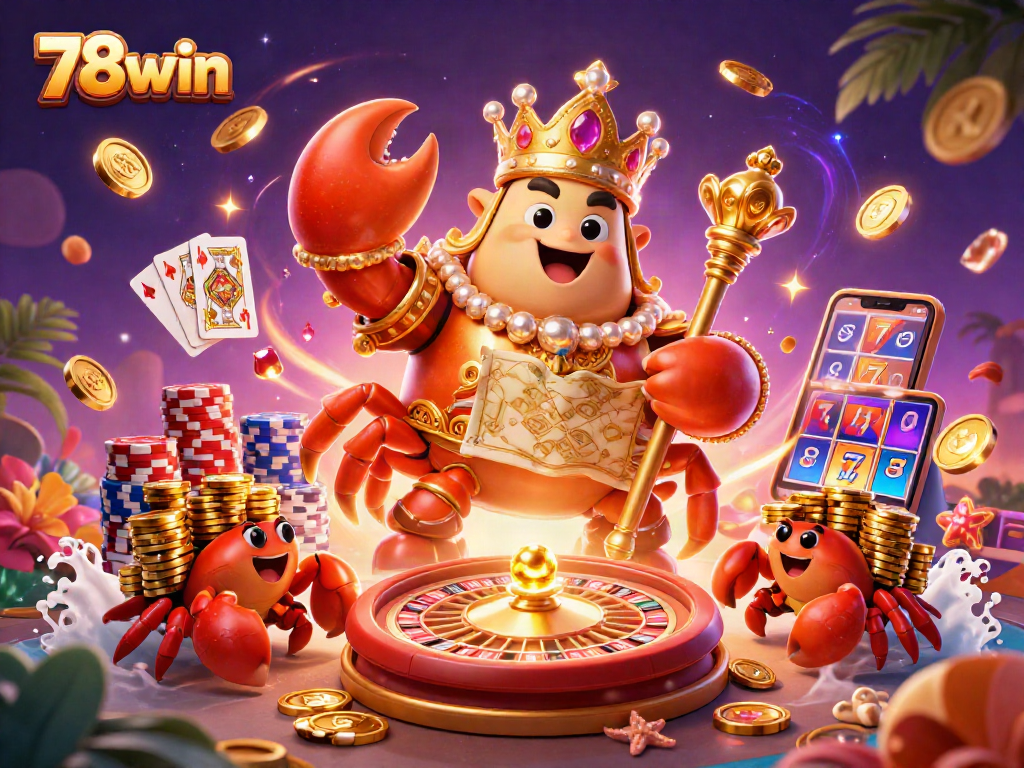 Engage with 78win's vibrant casino world featuring a golden crab emperor amidst dynamic gaming elements.
