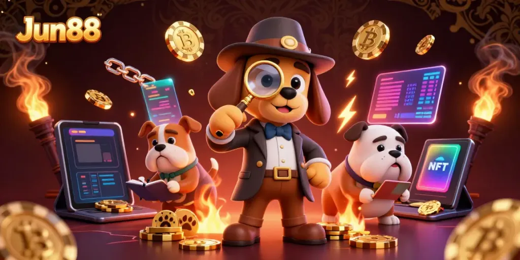 Experience Jun88's thrilling gaming adventure led by a detective bloodhound uncovering gold poker chip clues amid crypto treasures.