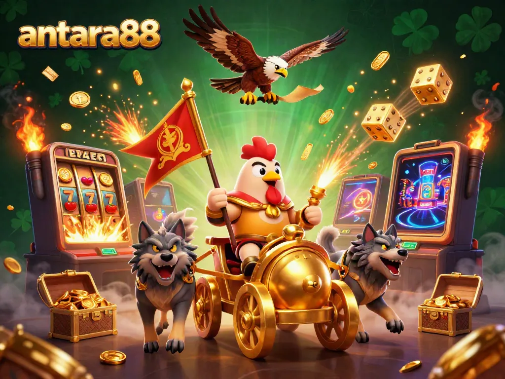 Experience the excitement of antara88 with a cartoon rooster warlord leading a thrilling casino scene filled with jackpots and golden treasures.