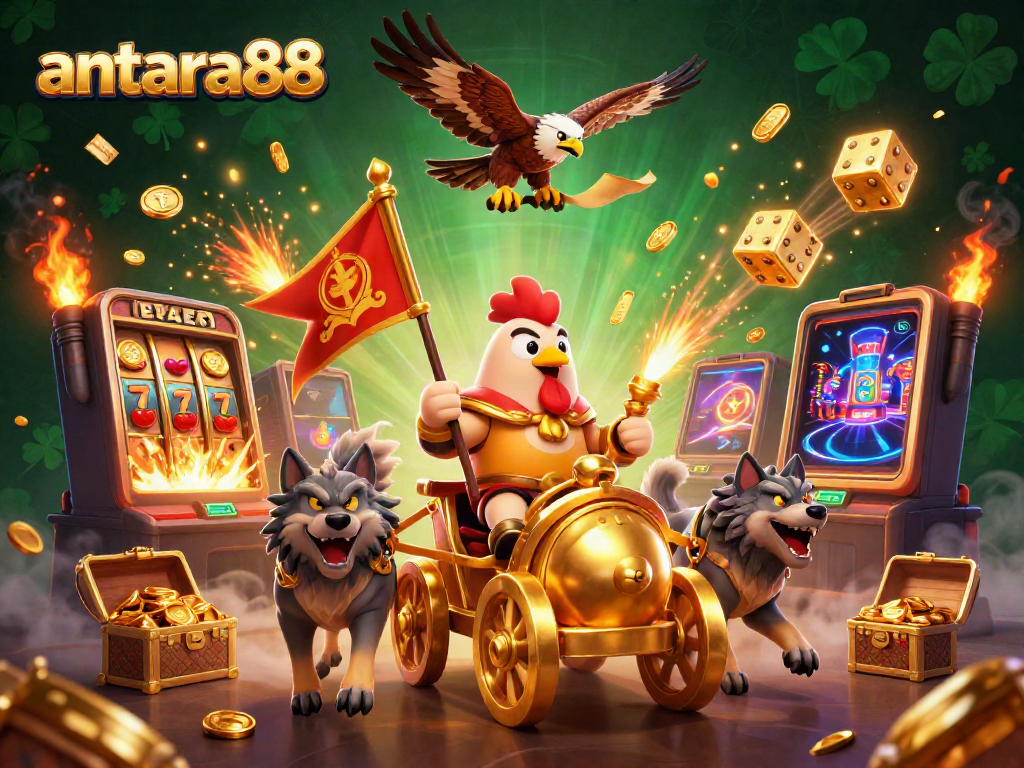 Experience the excitement of antara88 with a cartoon rooster warlord leading a thrilling casino scene filled with jackpots and golden treasures.