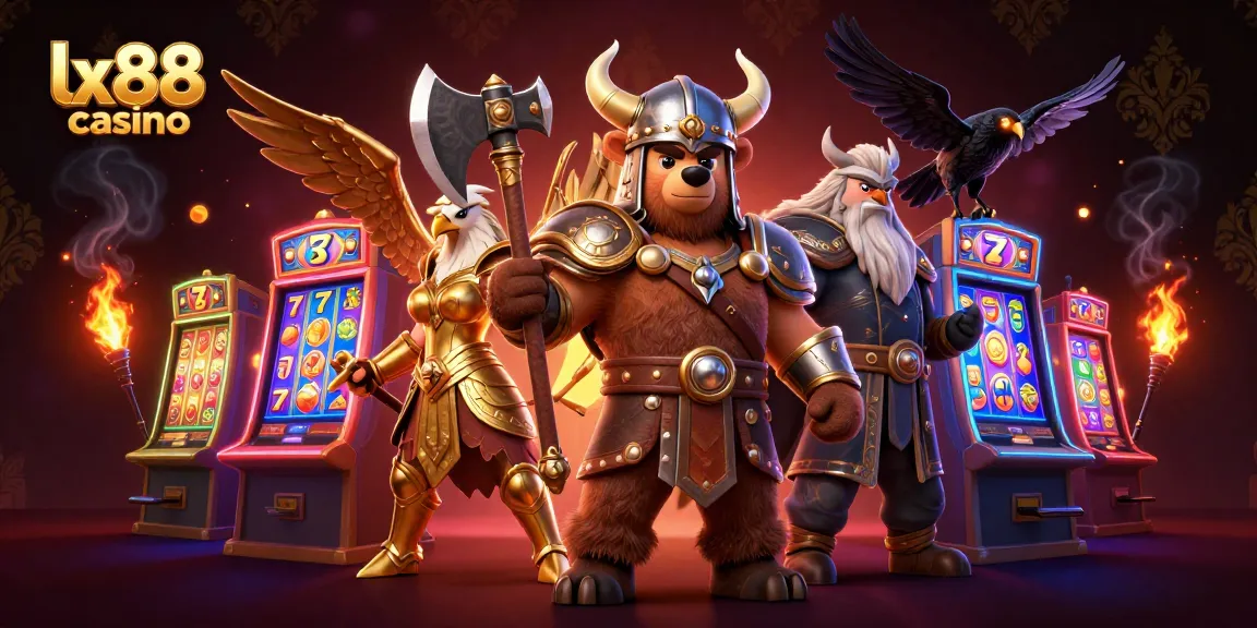 Experience the excitement of lx88 casino with a vibrant 3D illustration showcasing animated characters and slot machines.