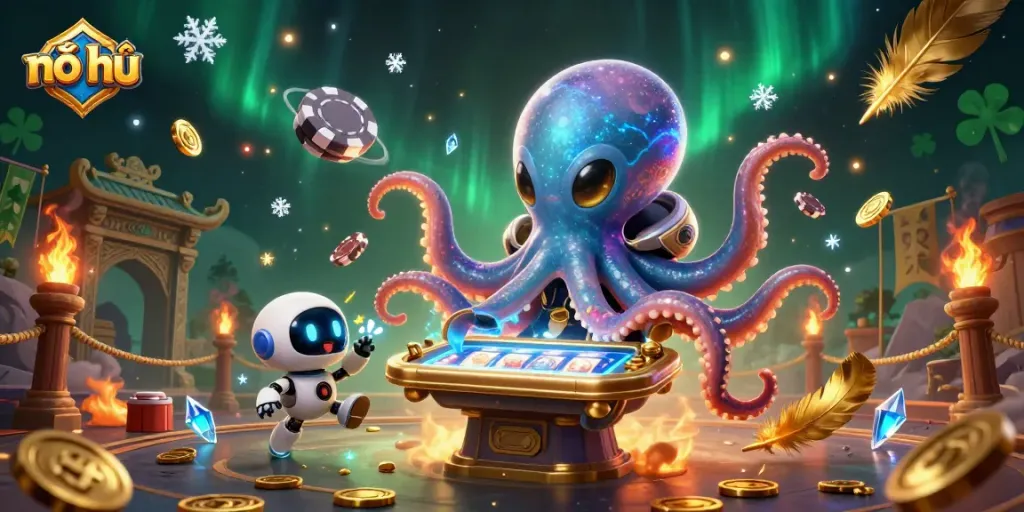 Play nổ hũ with vibrant symbols and dynamic elements in a colorful casino scene.