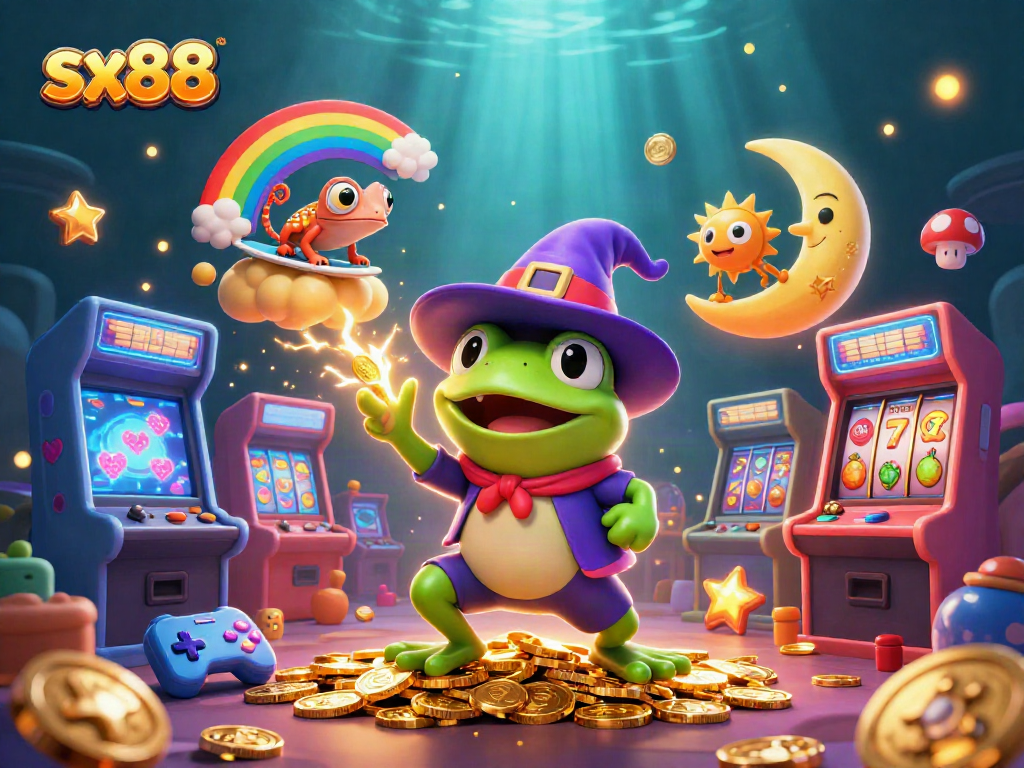 Experience sx88's vibrant gaming action with a storm of coins, characters, and slot symbols in a dynamic 3D illustration.