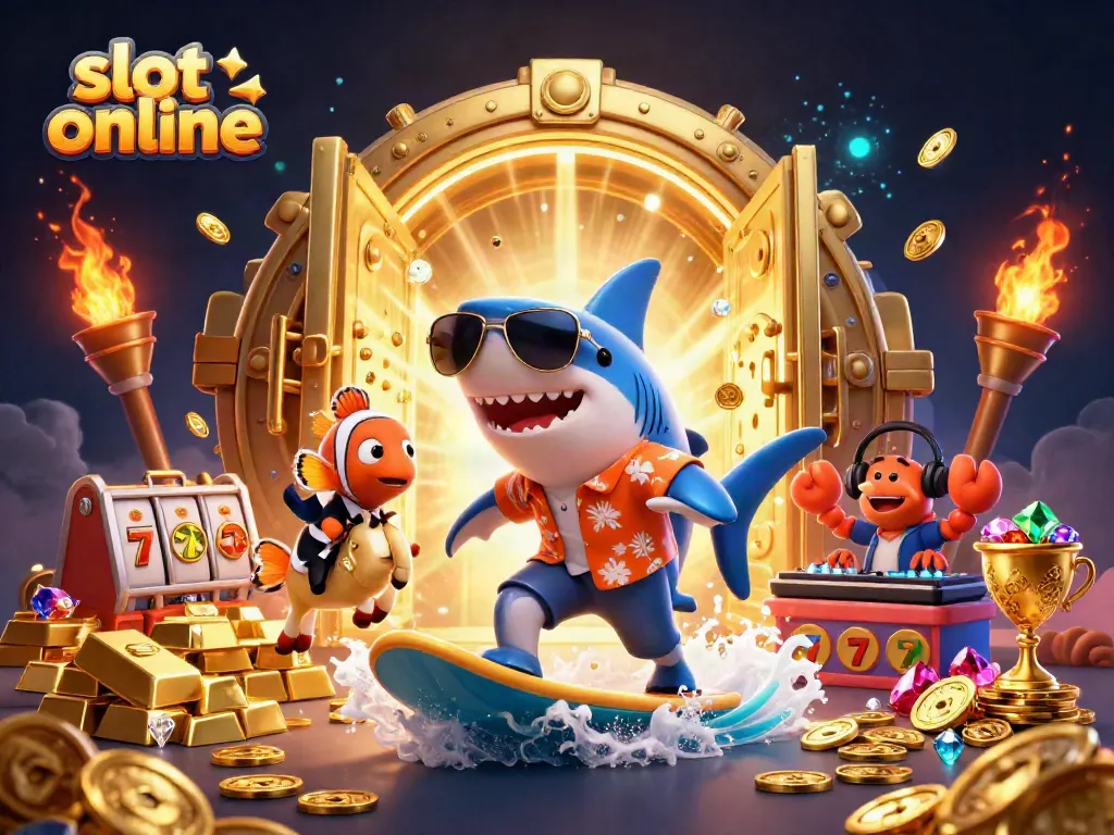 Catch big wins with slot online as a shark surfs on gold coins surrounded by vibrant casino elements.