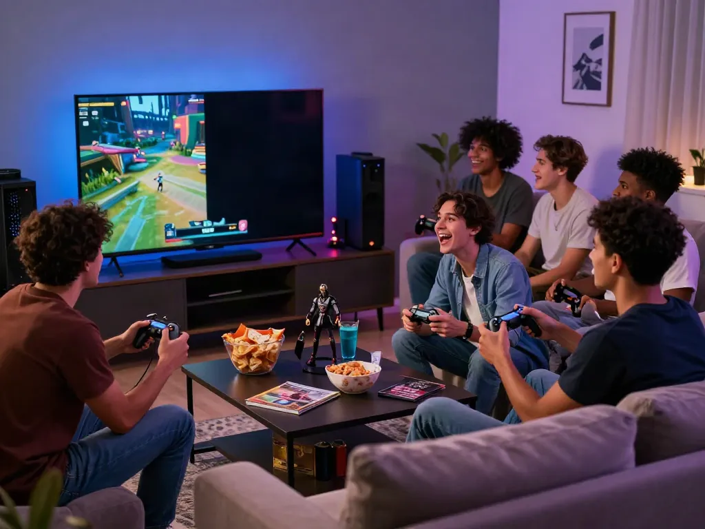 Suasana bermain game di ruang tamu, dengan teman-teman bersemangat memainkan ngawitoto.