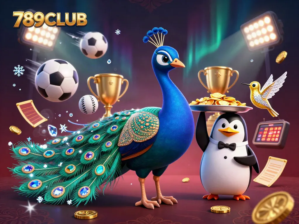 Bet on 789CLUB with excitement as a peacock flaunts its gems in a vibrant casino scene.