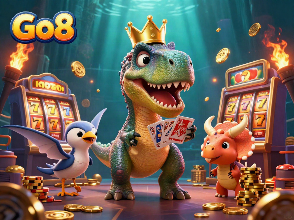 Play engaging slots at Go8 with amusing T-Rex, triceratops, and pterodactyl in a dynamic casino setting.