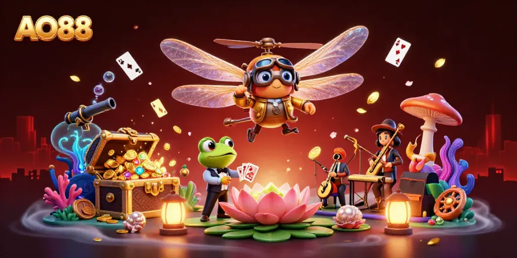Engaging AO88 cartoon scene featuring a dragonfly pilot and frog croupier in lively casino action