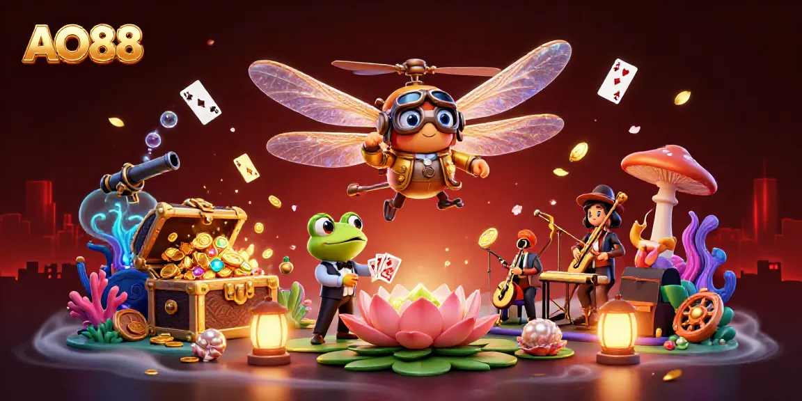 Engaging AO88 cartoon scene featuring a dragonfly pilot and frog croupier in lively casino action
