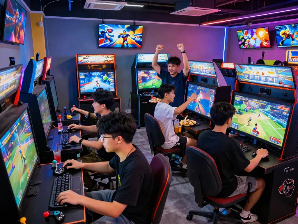 Action-packed gaming hub atmosphere highlighting garuda404, featuring engaged players and vibrant arcade decor.
