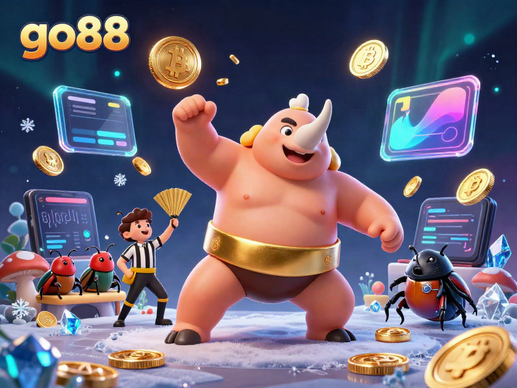 Experience exhilarating gameplay with go88, showcasing a dynamic sumo beetle champion sending gold coins flying!