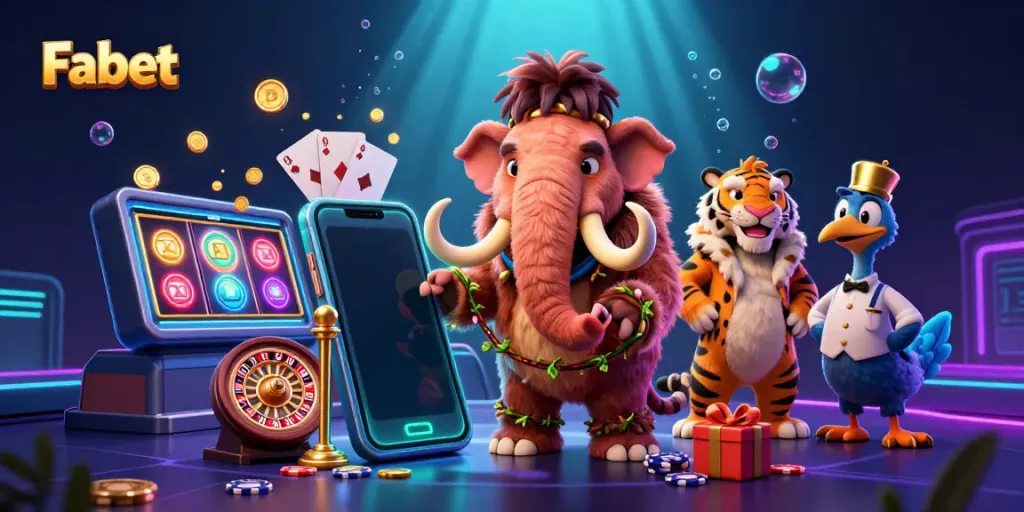 Fabet showcases a vibrant scene with a mammoth bouncer and VIP guests amidst captivating casino elements.
