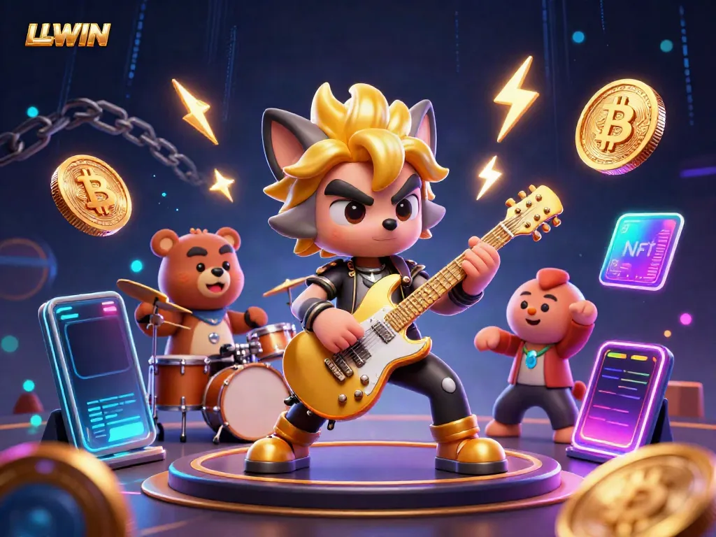 Experience the vibrant energy of LLWIN as a rock star wolf and drummer bear perform on stage, surrounded by crypto elements.