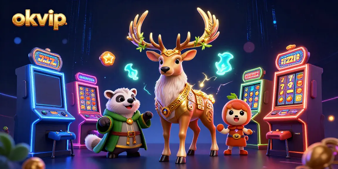 Join the thrill at okvip with vibrant slot machines and a mystical druid scene.
