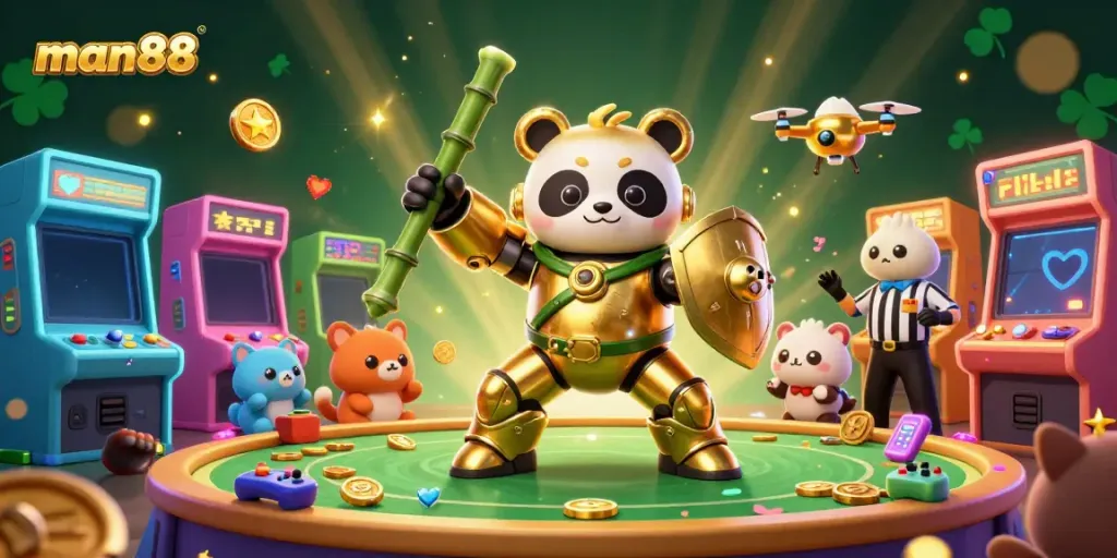 Experience thrilling gameplay with man88, featuring a mech-suit panda in a vibrant casino arena surrounded by game elements.