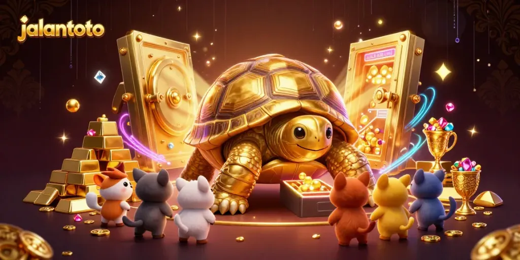 Experience thrilling slots with jalantoto's golden tortoise pinball machine illustration, lit and vibrant.