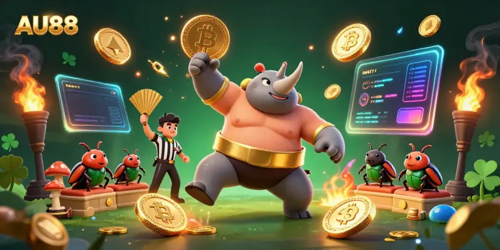 Join the excitement at AU88 as the sumo beetle champion triumphs amidst flying coins and crypto elements.