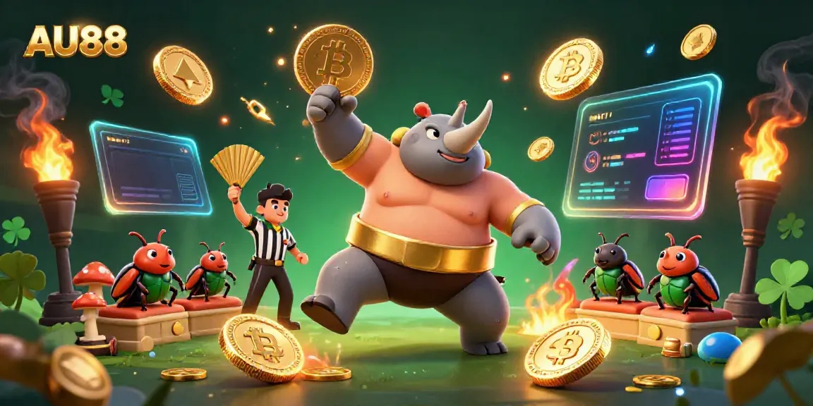 Join the excitement at AU88 as the sumo beetle champion triumphs amidst flying coins and crypto elements.
