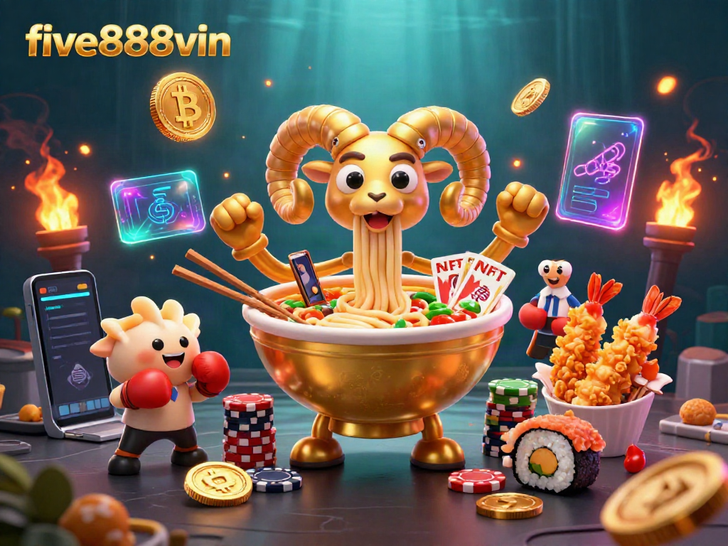 Experience excitement at five888vin with animated casino characters and digital currency elements.