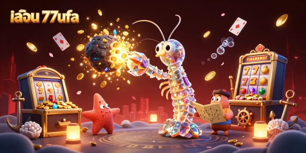 Experience excitement with เล่น 77ufa through a dynamic scene filled with slot games and vibrant characters.