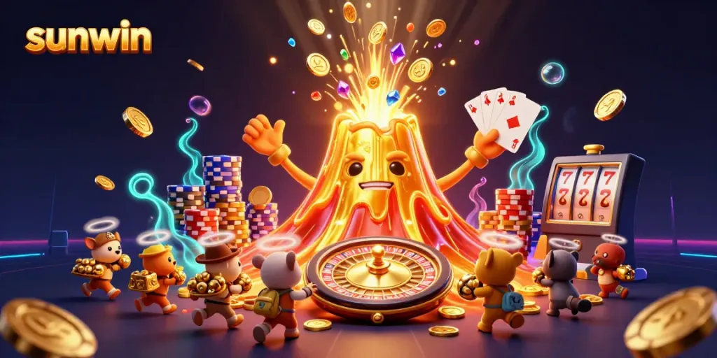 Experience the excitement of sunwin with golden coins and triumphant characters in a dynamic casino scene.