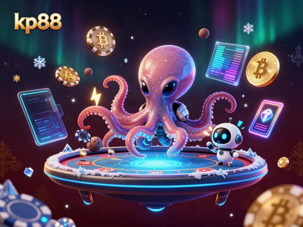 Engage with thrilling poker gameplay at kp88 featuring an alien octopus and bitcoin symbols.